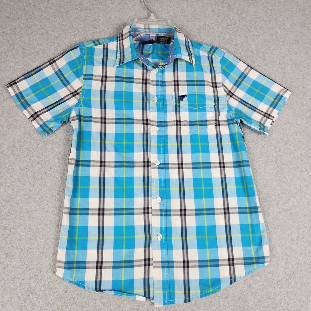 Wrangler Shirt Boys L 10/12 Multicolor Plaid Cowboy Rodeo Short Sleeve Button Up